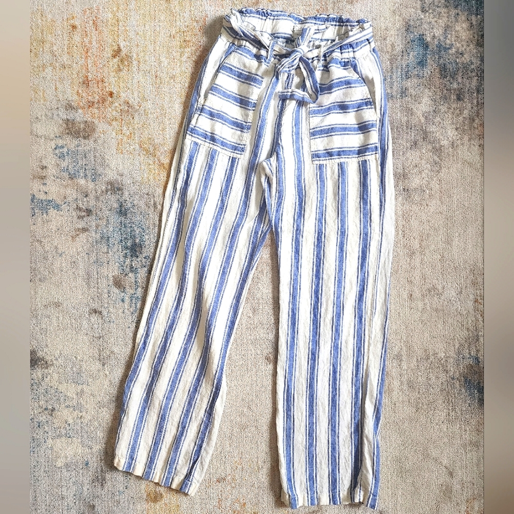C&C California Striped Paper Bag Drawstring Waist Wide-Leg Linen Pants